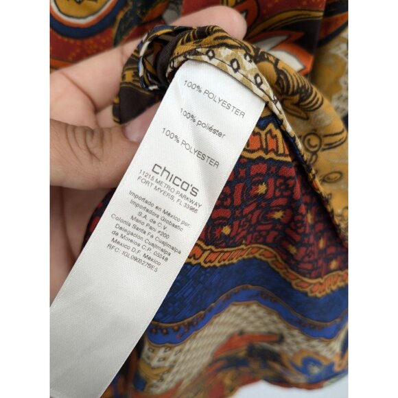 Chicos Paisley Tunic Top Size L Lace Up Long Sleeve Asymmetrical Hem Boho Indie - Picture 10 of 12